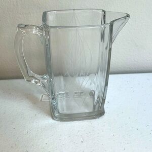 Vintage Square Clear Glass 4.25” Art Deco Etched Creamer Pitcher